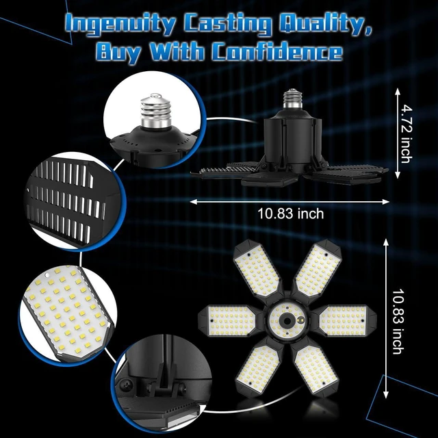 Alt view image 6 of 7 - Garage Light Bulbs - Garage Lights Led Screw into Bulb Socket with 6 Deformable Panels 6500K Basement Light Fixture E26 Base Led Shop Lights for Basement Workshop Warehouse Attic - 4Pack