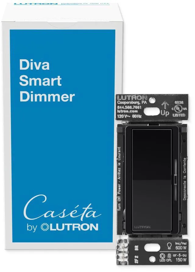 Main image of Caseta Diva Smart Dimmer Switch (Smart Hub Required), No Neutral Req For Caseta systems, no neutral required, soft glow light bar, single-pole/3-way, DVRF-6L-BL, Black