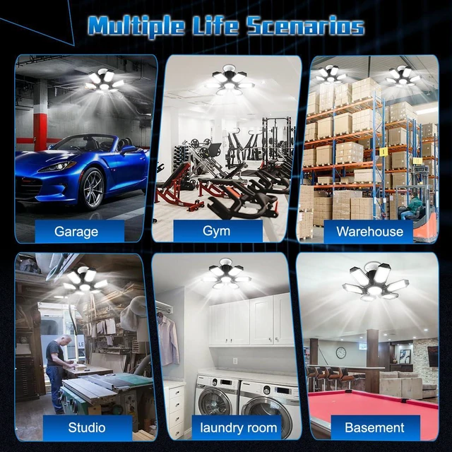 Alt view image 7 of 7 - Garage Light Bulbs - Garage Lights Led Screw into Bulb Socket with 6 Deformable Panels 6500K Basement Light Fixture E26 Base Led Shop Lights for Basement Workshop Warehouse Attic - 4Pack