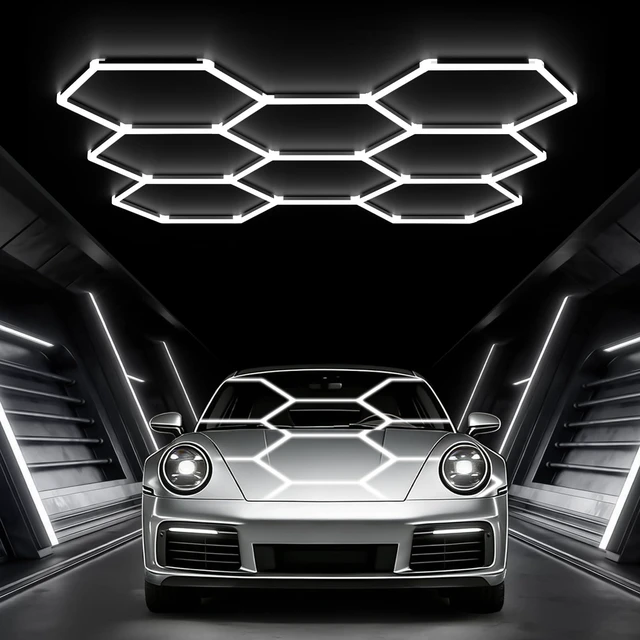 Main image of LED Hex Lights: 245W 26,950LM 110LM/W 6500K, 100-240V, 8 Grid Honeycomb Garage Lights with 6500K Daylight Lighting, Ra>80 for Workshops, Garages, and Home Gyms, Easy Install