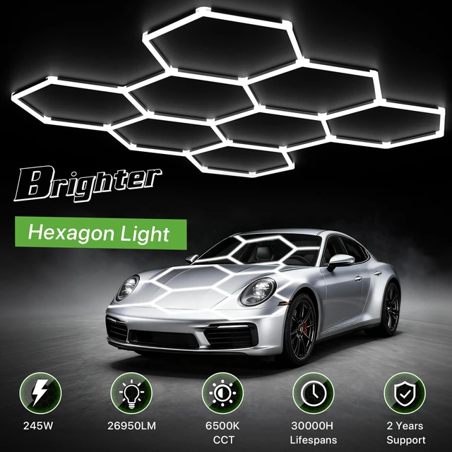 Alt view image 2 of 7 - LED Hex Lights: 245W 26,950LM 110LM/W 6500K, 100-240V, 8 Grid Honeycomb Garage Lights with 6500K Daylight Lighting, Ra>80 for Workshops, Garages, and Home Gyms, Easy Install