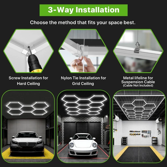 Alt view image 4 of 7 - LED Hex Lights: 245W 26,950LM 110LM/W 6500K, 100-240V, 8 Grid Honeycomb Garage Lights with 6500K Daylight Lighting, Ra>80 for Workshops, Garages, and Home Gyms, Easy Install