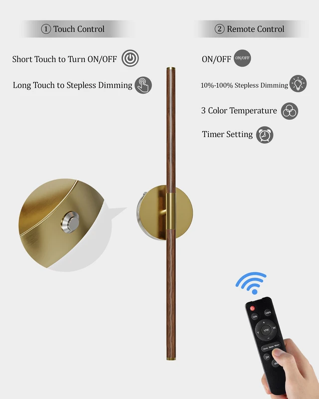 Alt view image 6 of 7 - 24" Battery Operated Wall Sconce Set of 2, 350° Rotating Lamp, Walnut Gold Wireless, 8000mAh Rechargeable Battery, Stepless Dimming, 3000K-6000K, Remote & Touch Control, Timer, Living Room, Bedroom