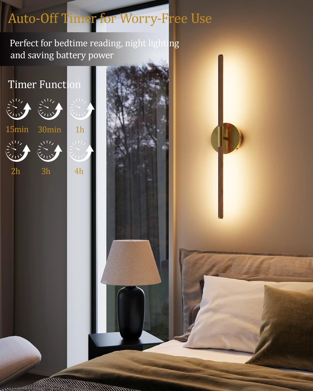 Alt view image 7 of 7 - 24" Battery Operated Wall Sconce Set of 2, 350° Rotating Lamp, Walnut Gold Wireless, 8000mAh Rechargeable Battery, Stepless Dimming, 3000K-6000K, Remote & Touch Control, Timer, Living Room, Bedroom