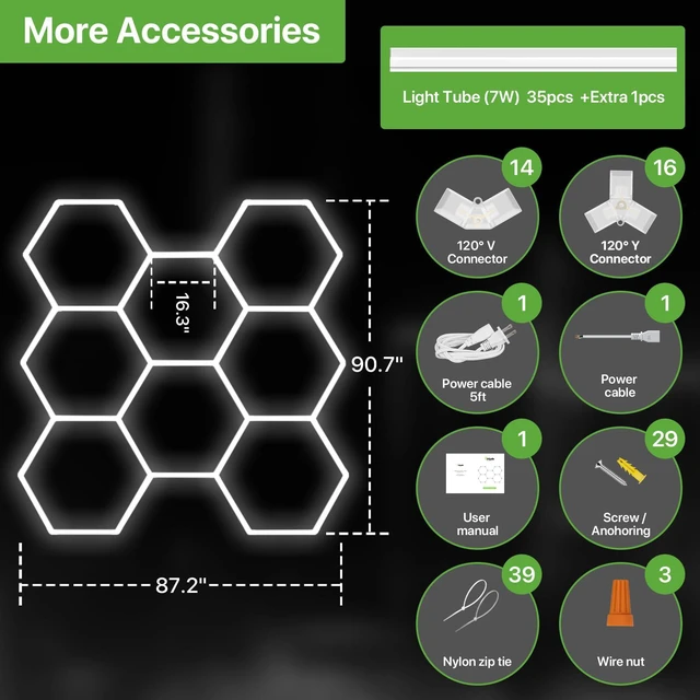 Alt view image 5 of 7 - LED Hex Lights: 245W 26,950LM 110LM/W 6500K, 100-240V, 8 Grid Honeycomb Garage Lights with 6500K Daylight Lighting, Ra>80 for Workshops, Garages, and Home Gyms, Easy Install