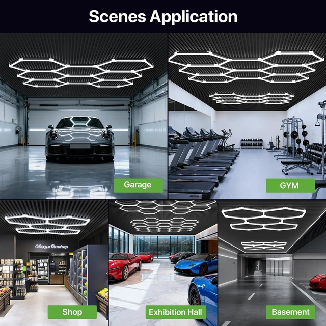 Alt view image 7 of 7 - LED Hex Lights: 245W 26,950LM 110LM/W 6500K, 100-240V, 8 Grid Honeycomb Garage Lights with 6500K Daylight Lighting, Ra>80 for Workshops, Garages, and Home Gyms, Easy Install