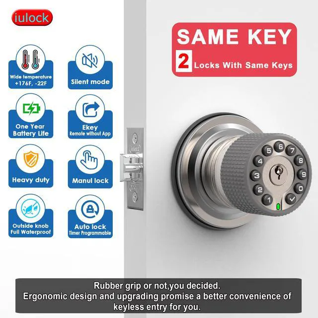 Alt view image 3 of 6 - Smart Door Knob with Keypad and Key,Keyless Entry Door Lock with Rubber Grip, Auto Lock,50 User Code,Waterproof, Easy to Install and Program for Bedroom(Stain Nickel Same Key 2 Pack)