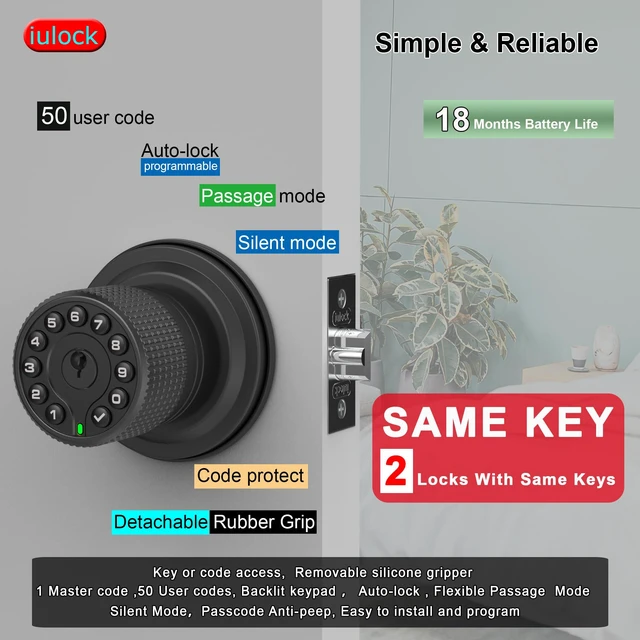 Alt view image 2 of 6 - Smart Door Knob with Keypad and Key,Keyless Entry Door Lock with Rubber Grip, Auto Lock,50 User Code,Waterproof, Easy to Install and Program for Bedroom (Matte Black Same Key 2 Pack)