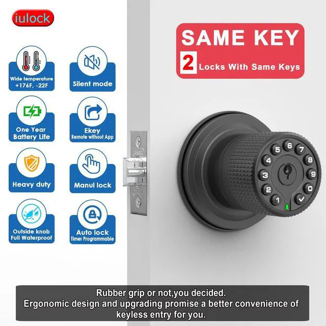 Alt view image 3 of 6 - Smart Door Knob with Keypad and Key,Keyless Entry Door Lock with Rubber Grip, Auto Lock,50 User Code,Waterproof, Easy to Install and Program for Bedroom (Matte Black Same Key 2 Pack)