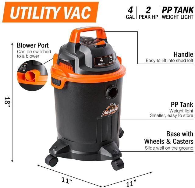 Alt view image 2 of 6 - VO405P 0901 4 Gallon Wet/Dry Vac 2.0 Peak HP Shop Vacuum with Nozzles & Brush,Black/Orange