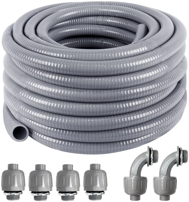 Main image of 1-1/4inch 50FT Electrical Conduit Kit,Liquid-Tight Conduit and Connector Flex Conduit Kit with 4 Straight and 2 Angle Fittings Included,Flexible Non Metallic Liquid-Tight Conduit(1-1/4" Dia,50 Feet)