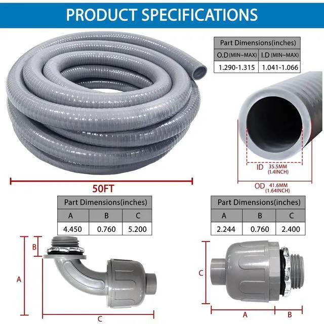 Alt view image 5 of 7 - 1-1/4inch 50FT Electrical Conduit Kit,Liquid-Tight Conduit and Connector Flex Conduit Kit with 4 Straight and 2 Angle Fittings Included,Flexible Non Metallic Liquid-Tight Conduit(1-1/4" Dia,50 Feet)