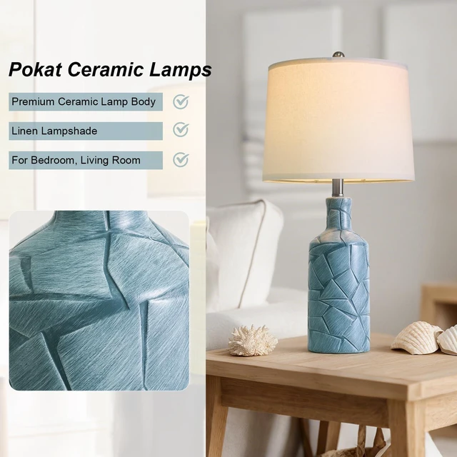 Alt view image 2 of 7 - 26'' Farmhouse Ceramic Table Lamps Set of 2, Blue Bedside Lamps for Living Room, Nightstand Lamps for Bedroom Night Stands, Bedroom Lamps for Side Table End Table Hallway, Blue