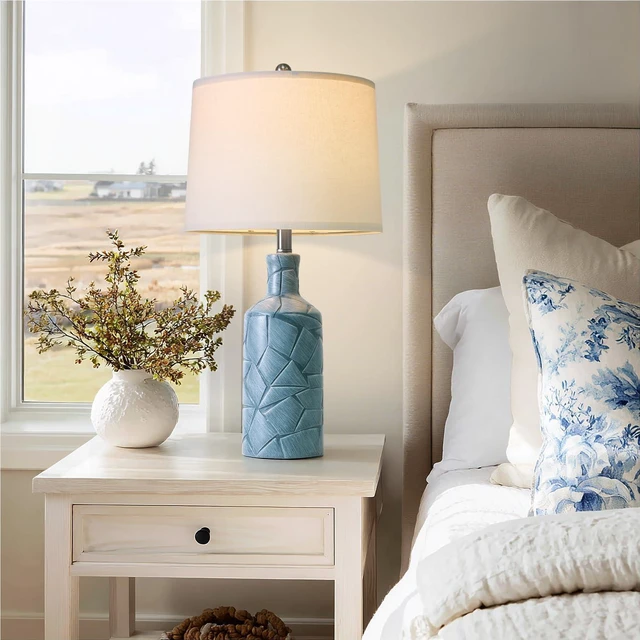 Alt view image 5 of 7 - 26'' Farmhouse Ceramic Table Lamps Set of 2, Blue Bedside Lamps for Living Room, Nightstand Lamps for Bedroom Night Stands, Bedroom Lamps for Side Table End Table Hallway, Blue