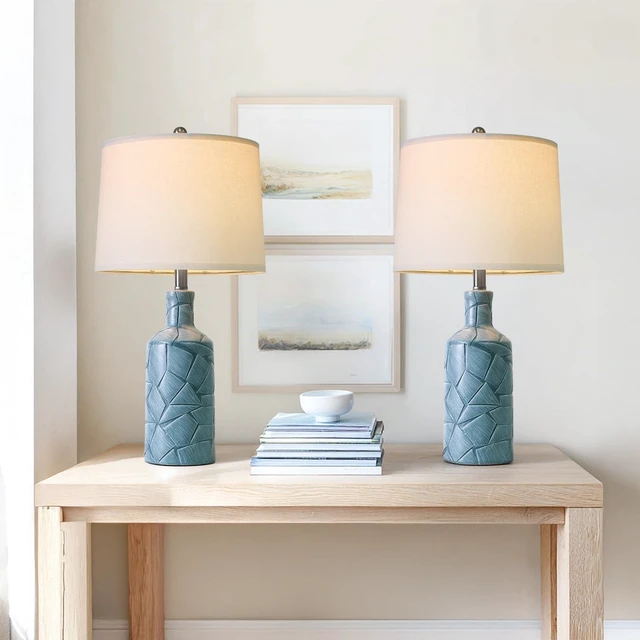 Alt view image 6 of 7 - 26'' Farmhouse Ceramic Table Lamps Set of 2, Blue Bedside Lamps for Living Room, Nightstand Lamps for Bedroom Night Stands, Bedroom Lamps for Side Table End Table Hallway, Blue