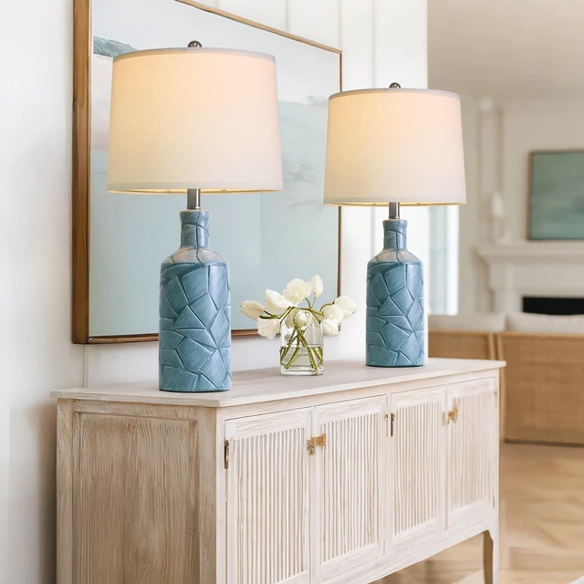 Alt view image 7 of 7 - 26'' Farmhouse Ceramic Table Lamps Set of 2, Blue Bedside Lamps for Living Room, Nightstand Lamps for Bedroom Night Stands, Bedroom Lamps for Side Table End Table Hallway, Blue