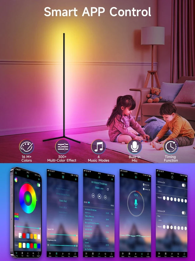 Alt view image 3 of 6 - Floor Lamp, RGB LED Corner Lamp with Music Sync, Smart App and Remote Control Color Changing Ambience Light, 16 Million Colors Standing Lamp for Bedroom Living Room Gaming Room (2pcs)
