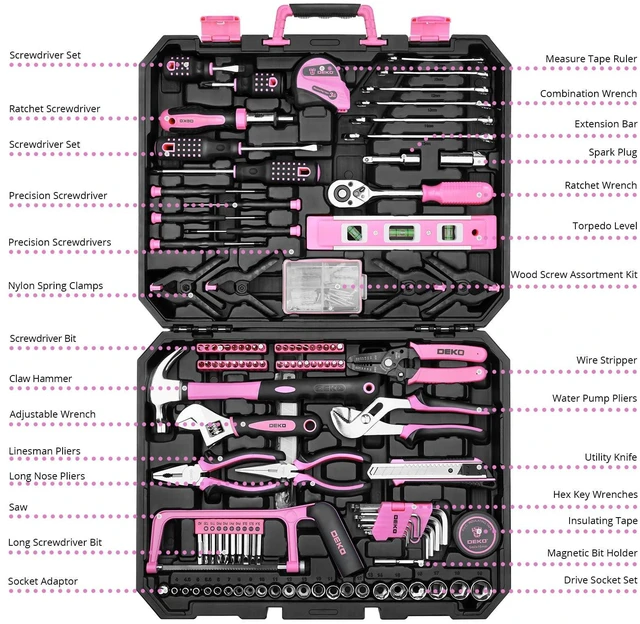 Alt view image 2 of 7 - Tool Set: 228 Piece Home Tool Kit, Household Basic Repair Tool Set Comes with Storage ToolBox, Socket Wrench Set for Car, Hand Tool Box Set for Home - Pink