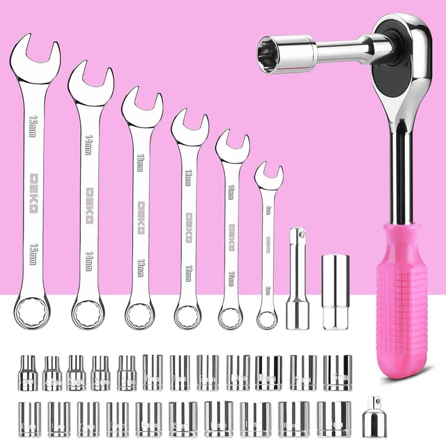 Alt view image 5 of 7 - Tool Set: 228 Piece Home Tool Kit, Household Basic Repair Tool Set Comes with Storage ToolBox, Socket Wrench Set for Car, Hand Tool Box Set for Home - Pink