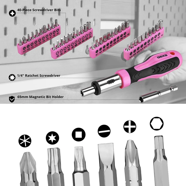 Alt view image 4 of 7 - Tool Set: 228 Piece Home Tool Kit, Household Basic Repair Tool Set Comes with Storage ToolBox, Socket Wrench Set for Car, Hand Tool Box Set for Home - Pink