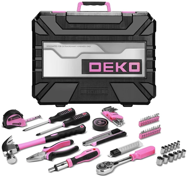 Alt view image 6 of 7 - Tool Set: 228 Piece Home Tool Kit, Household Basic Repair Tool Set Comes with Storage ToolBox, Socket Wrench Set for Car, Hand Tool Box Set for Home - Pink