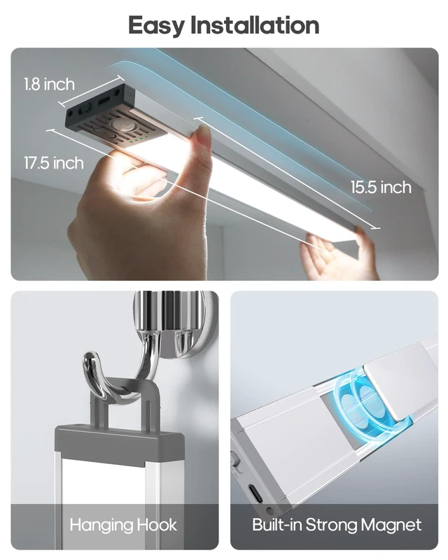 Alt view image 7 of 7 - 17.5inch Under Cabinet Lighting, 4500Mah Motion Sensor Light Indoor, 6 Pack Rechargeable Battery Operated Under Cabinet Lights, 3Color Temps, Dimming, Wireless, Under Counter Light for Kitchen, Closet
