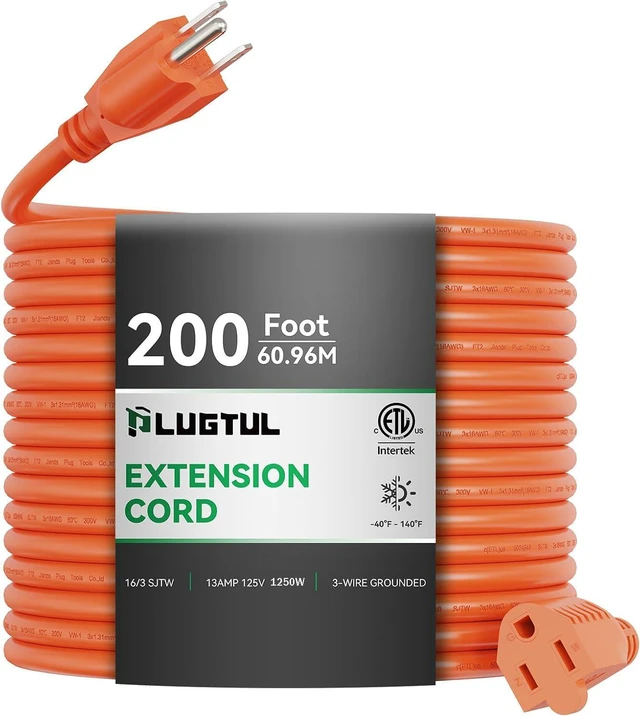 Main image of Outdoor Extension Cord 200 FT | 16/3 Gauge Heavy Duty 3 Prong Extension Cord, 10A 1250W SJTW, ETL Listed, Great for Garden and Home, Orange