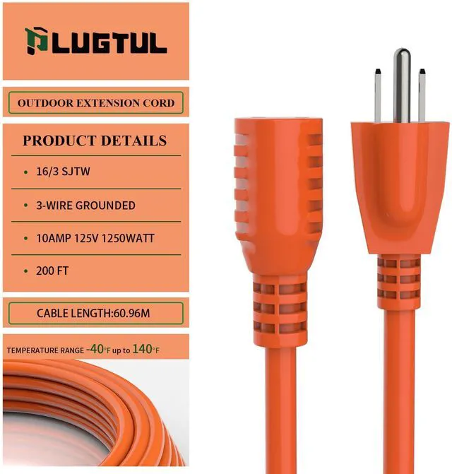 Alt view image 2 of 6 - Outdoor Extension Cord 200 FT | 16/3 Gauge Heavy Duty 3 Prong Extension Cord, 10A 1250W SJTW, ETL Listed, Great for Garden and Home, Orange