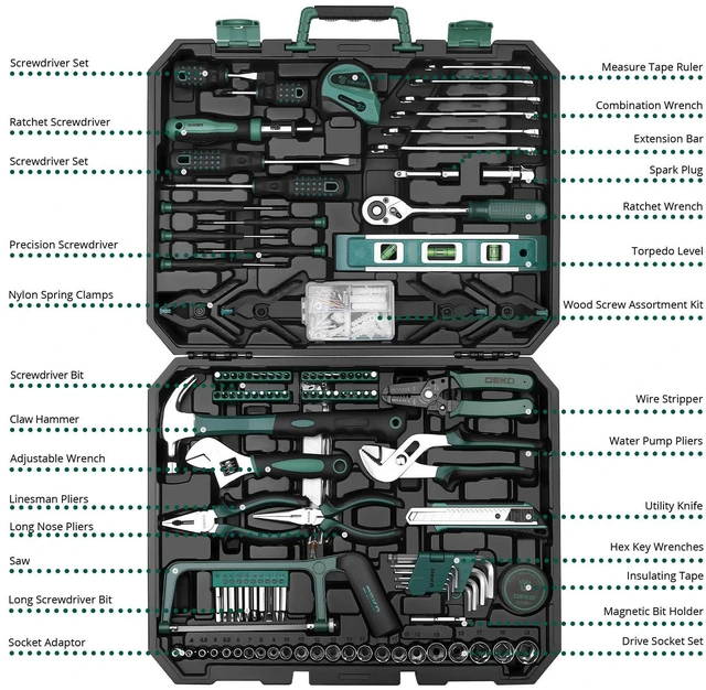Alt view image 2 of 7 - Tool Set: 228 Piece Home Tool Kit, Household Basic Repair Tool Set Comes with Storage ToolBox, Socket Wrench Set for Car, Hand Tool Box Set for Home - Green
