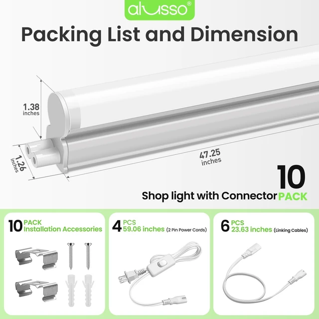 Alt view image 5 of 7 - 10 Pack 4FT LED T5 Shop Lights Linkable Integrated Fixture, 2100LM, 3Color Selectable, 3000K/4000K/6500K Adjustable Color Temperature, Corded Electric T5 Single Fixture for Garage/Workshop