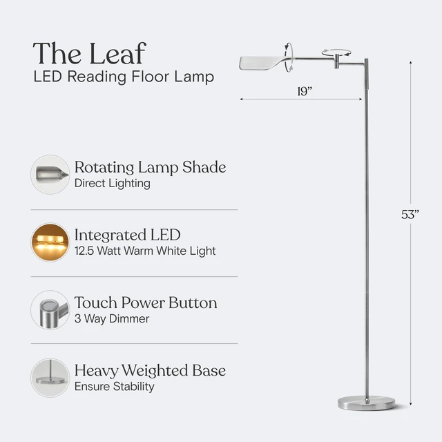 Alt view image 3 of 7 - Leaf Pharmacy LED Reading Lamp, Dimmable Floor Lamp with Easy Adjustable Rotation Over Chair or Desk for Living Room, Work Light for Office, Modern Minimalist Home Decor - Platinum Silver