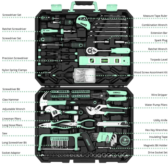 Alt view image 2 of 7 - Tool Set: 228 Piece Home Tool Kit, Household Basic Repair Tool Set Comes with Storage ToolBox, Socket Wrench Set for Car, Hand Tool Box Set for Home - Turquoise
