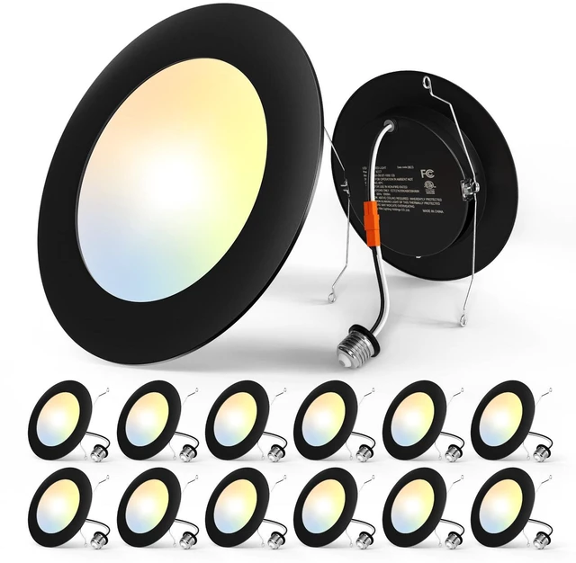 Main image of Recessed Lighting 5/6 Inch, 12 Pack 5CCT Flat LED Can Lights, Black Flat Trim, Dimmable, 12W=110W, 1050LM, 2700K/3000K/4000K/5000K/6000K Selectable, Easy Install, IC & Damp Rated, ETL & FCC
