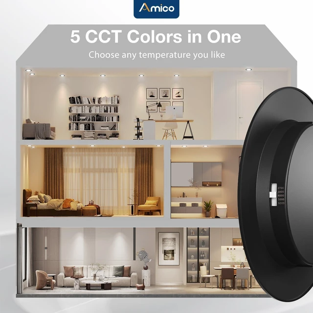 Alt view image 3 of 6 - Recessed Lighting 5/6 Inch, 12 Pack 5CCT Flat LED Can Lights, Black Flat Trim, Dimmable, 12W=110W, 1050LM, 2700K/3000K/4000K/5000K/6000K Selectable, Easy Install, IC & Damp Rated, ETL & FCC