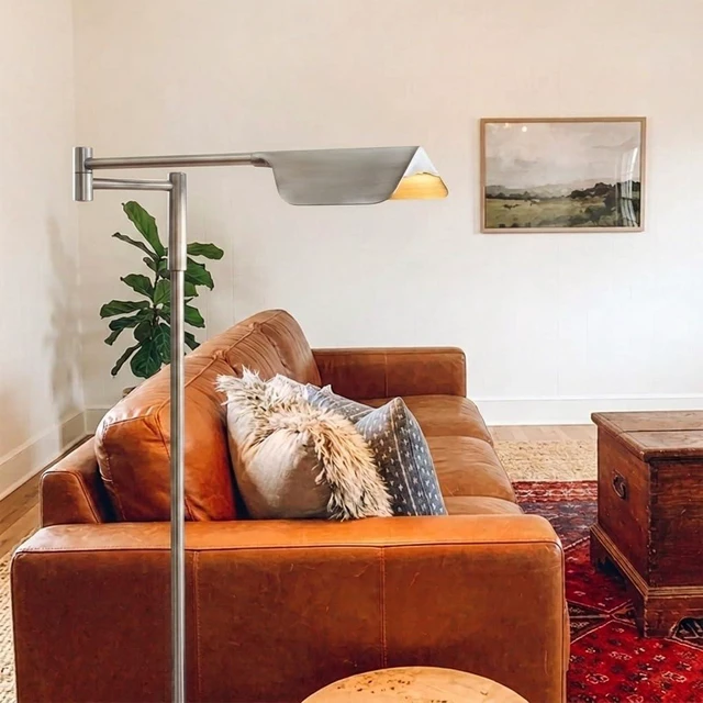 Alt view image 7 of 7 - Leaf Pharmacy LED Reading Lamp, Dimmable Floor Lamp with Easy Adjustable Rotation Over Chair or Desk for Living Room, Work Light for Office, Modern Minimalist Home Decor - Platinum Silver