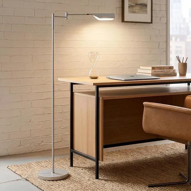 Alt view image 4 of 7 - Leaf Pharmacy LED Reading Lamp, Dimmable Floor Lamp with Easy Adjustable Rotation Over Chair or Desk for Living Room, Work Light for Office, Modern Minimalist Home Decor - Platinum Silver