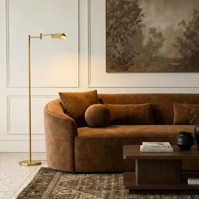 Alt view image 2 of 7 - Leaf Pharmacy LED Reading Lamp, Dimmable Floor Lamp with Easy Rotation over Chair or Desk for Living Rooms & Offices, Adjustable Standing Tall Lamp, For Sewing & Crafts, Antique Brass (Gold)