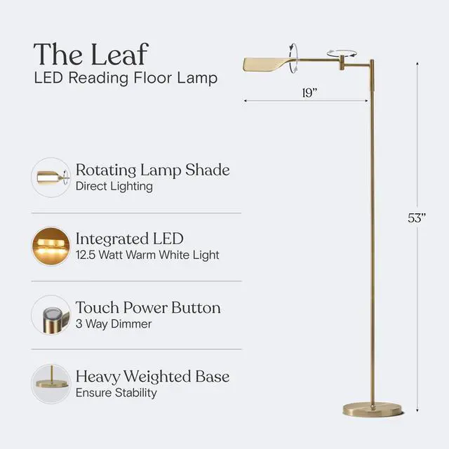 Alt view image 4 of 7 - Leaf Pharmacy LED Reading Lamp, Dimmable Floor Lamp with Easy Rotation over Chair or Desk for Living Rooms & Offices, Adjustable Standing Tall Lamp, For Sewing & Crafts, Antique Brass (Gold)