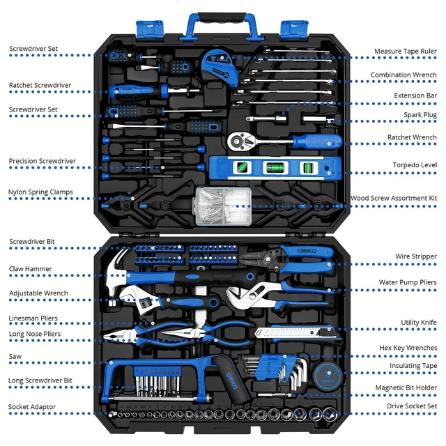Alt view image 2 of 7 - Tool Set: 228 Piece Home Tool Kit, Household Basic Repair Tool Set Comes with Storage ToolBox, Socket Wrench Set for Car, Hand Tool Box Set for Home - Blue