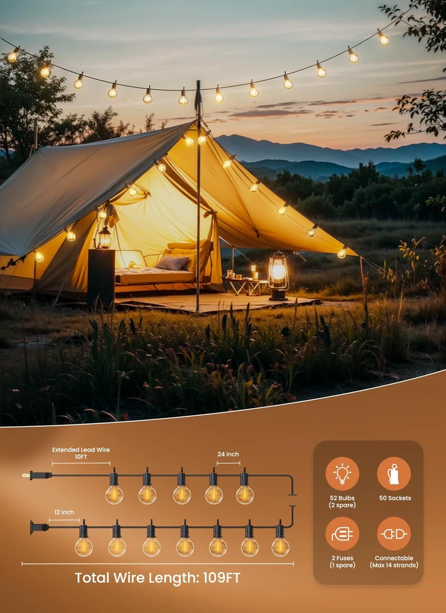 Alt view image 4 of 7 - Outdoor String Lights, 109FT G40 LED IP65 Waterproof Patio Lights 50 Shatterproof Edison Bulbs, Plug-In, Dimmable, Connectable, Outside Light for Backyard Porch Party Christmas Decorative
