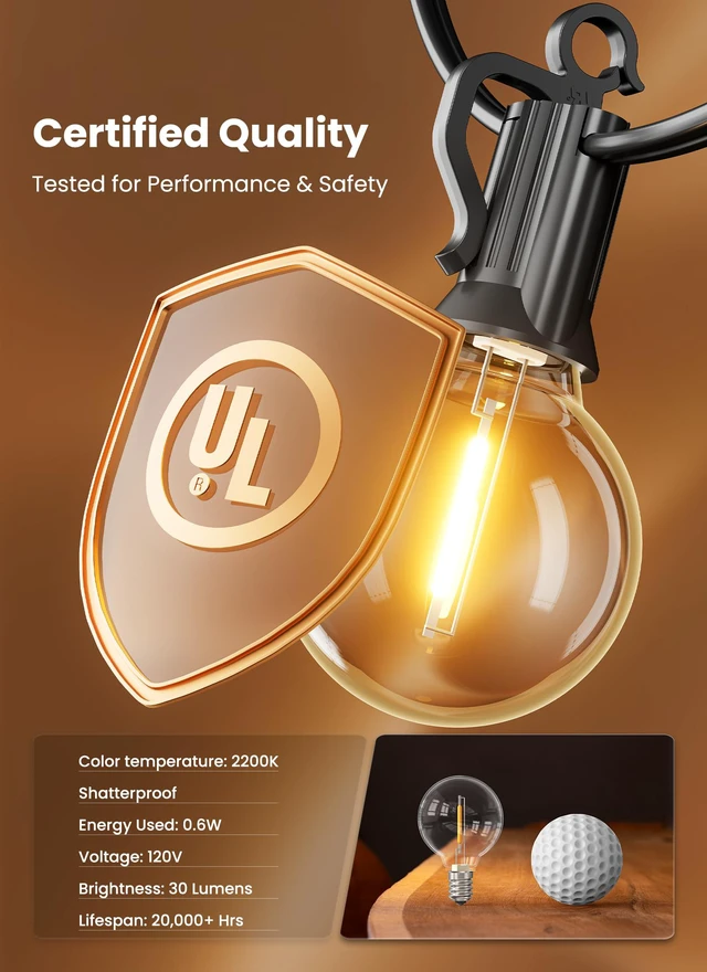 Alt view image 7 of 7 - Outdoor String Lights, 109FT G40 LED IP65 Waterproof Patio Lights 50 Shatterproof Edison Bulbs, Plug-In, Dimmable, Connectable, Outside Light for Backyard Porch Party Christmas Decorative