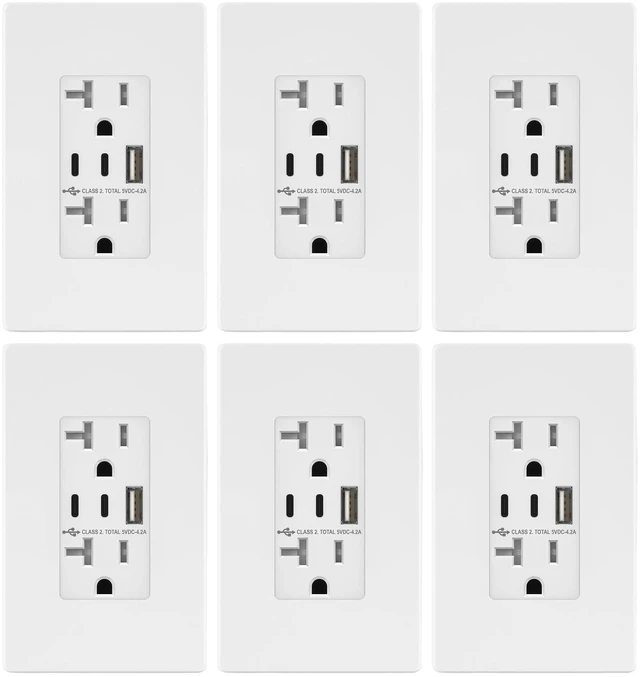 Main image of 4.2A 3-Port Type C USB Outlet, 20 Amp Receptacle Plug, Charging Power Outlet with Dual Type C&A Ports, Screwless Wall Plate Included, UL Listed, Commercial Grade, White, 6 Pack
