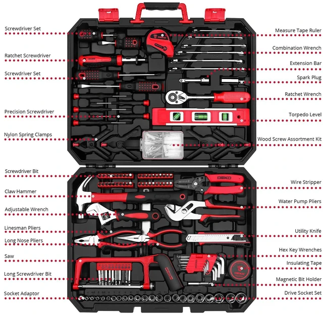 Alt view image 2 of 7 - Tool Set:228 Piece Home Tool Kit, Household Basic Repair Tool Set Comes with Plastic Storage Case, Socket Wrench Set for Car-Red