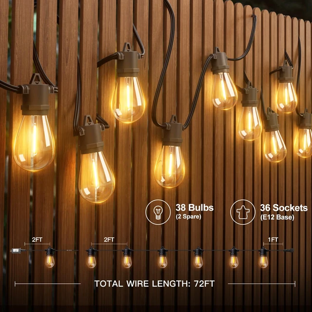 Alt view image 6 of 7 - 72FT Outdoor String Lights with 36 Dimmable Edison Bulbs for Patio UL Listed, Remote Control. Waterproof Shatterproof Bulbs, Timer, Linkable, 2700K Warm White. Backyard, Pergola, 2-Pack*36FT