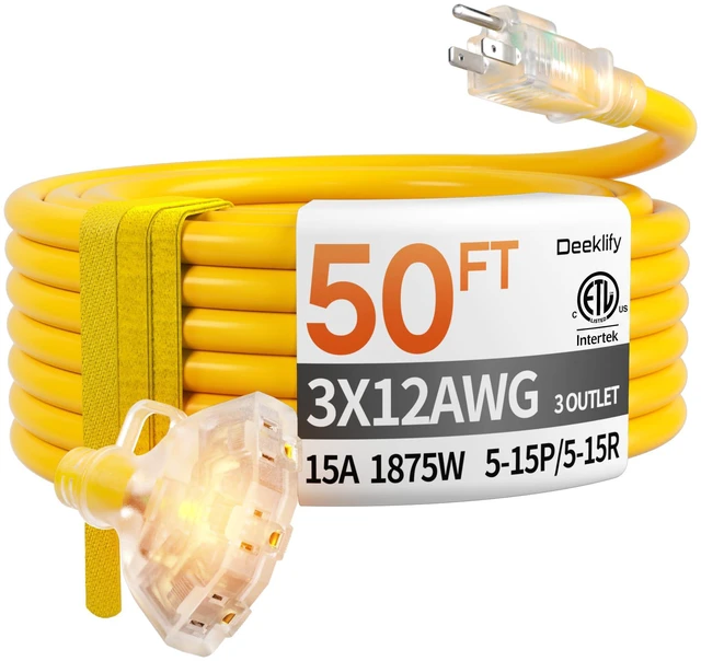 Main image of 50 FT 12 Gauge Heavy Duty Extension Cord with Multiple Outlets 50 Feet 3 Outlet Yellow Extension Cord Heavy Duty, Indicator, Flexible Waterproof SJTW, 15A 1875W, ETL Listed, Home/Garden