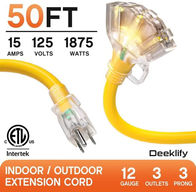 Alt view image 2 of 7 - 50 FT 12 Gauge Heavy Duty Extension Cord with Multiple Outlets 50 Feet 3 Outlet Yellow Extension Cord Heavy Duty, Indicator, Flexible Waterproof SJTW, 15A 1875W, ETL Listed, Home/Garden
