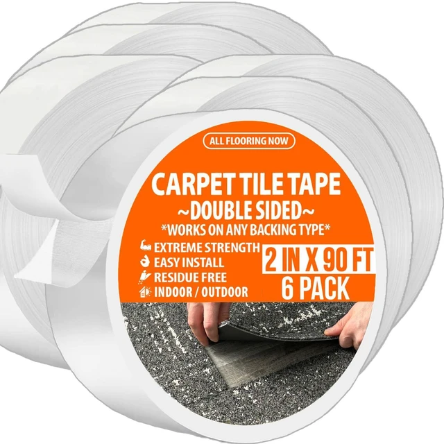 Main image of Carpet Tile Tape Double Sided 2in x 90ft (Bulk 6 Pack) Heavy Duty Reinforced Web Mesh Residue Free Indoor Outdoor for Carpet Tiles, Hardwood, Vinyl, Rugs, Carpet, Rubber & Mat Gripper