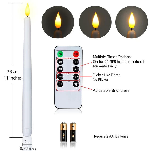 Alt view image 6 of 7 - 11 inches White LED Taper Candles, 24 Pcs Flameless Taper Candles with Remote Timer Dimmer, Plastic Battery Operated Candlesticks with Flickering Flame for Halloween Christmas Wedding Party