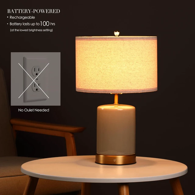 Alt view image 2 of 7 - OBright Dune - Battery Powered Table Lamp, Rechargeable Cordless Ceramic Lamp, Full-Size 19.5 Inch Height, Dimmable, Smart Safety Protection, Type-C Fast Charging, LED Bulb Included, Stone Grey