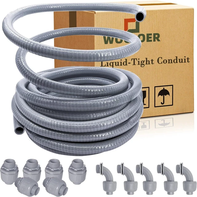 Main image of 1/2 inch 100Ft Liquid-Tight Conduit Kit, Flexible Non Metallic Electrical Conduit, with 6 Straight and 5 Angle Fittings Included. 1/2" Dia